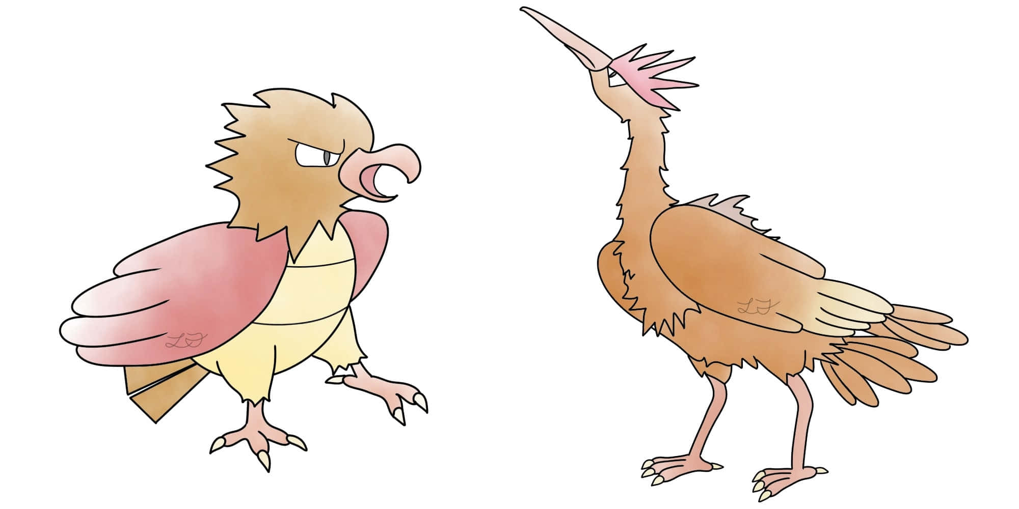 寶可夢 Spearow 與 Fearow 粉絲藝術 壁紙 — 兩隻卡通鳥類生物，有尖刺羽毛和憤怒表情，在純白色背景上面對面站立。