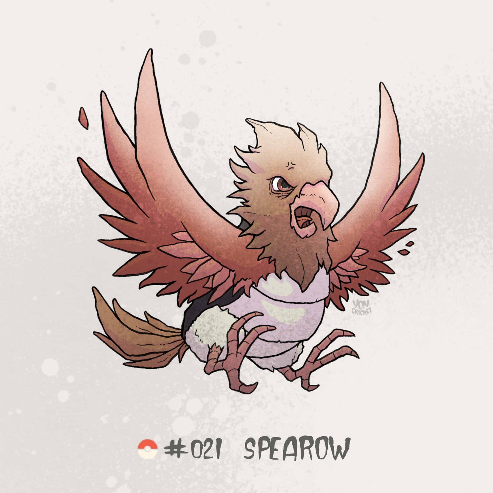 寶可夢 Spearow 輕色背景粉絲藝術 壁紙 — 一隻來自寶可夢的卡通版烈雀，在斑點米色背景上張開翅膀，表情憤怒。
