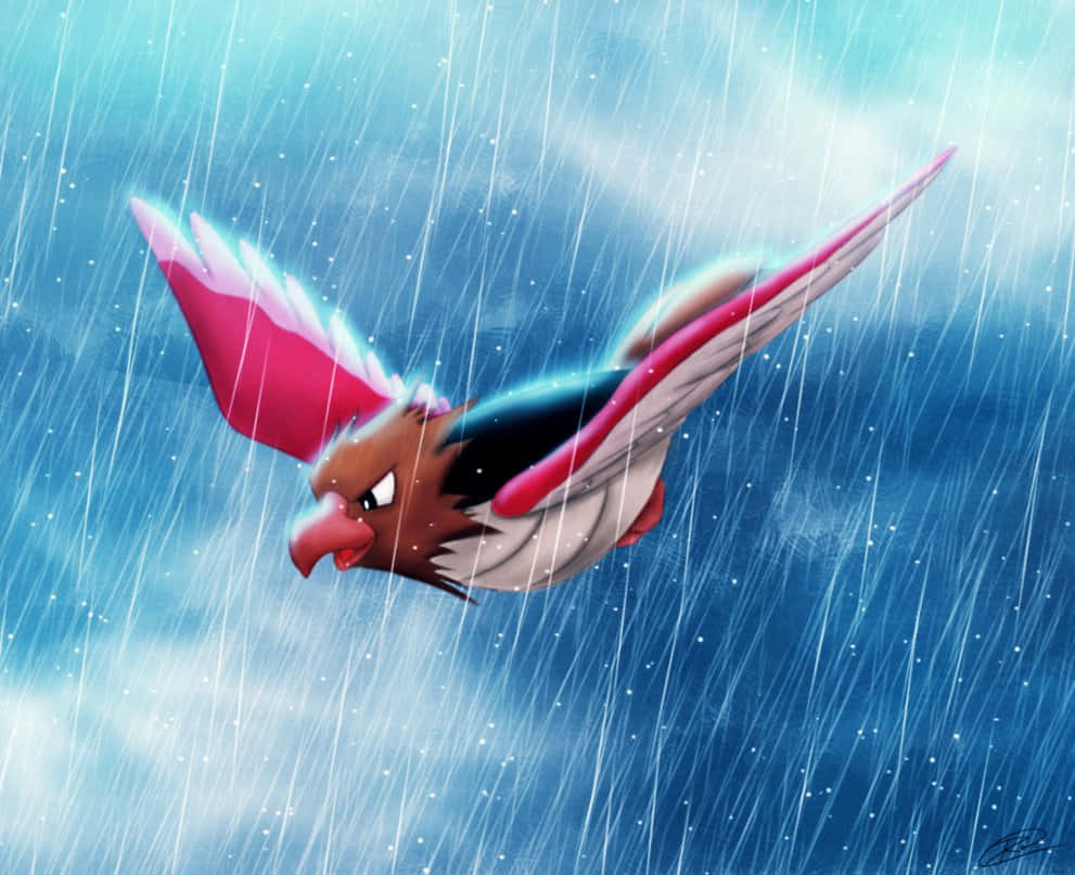 寶可夢 Spearow 雨中飛翔粉絲藝術 壁紙 — 一隻兇猛的鳥類寶可夢在暴風雨中翱翔，雨水沿著其鮮豔的粉紅色和藍色翅膀傾瀉而下。