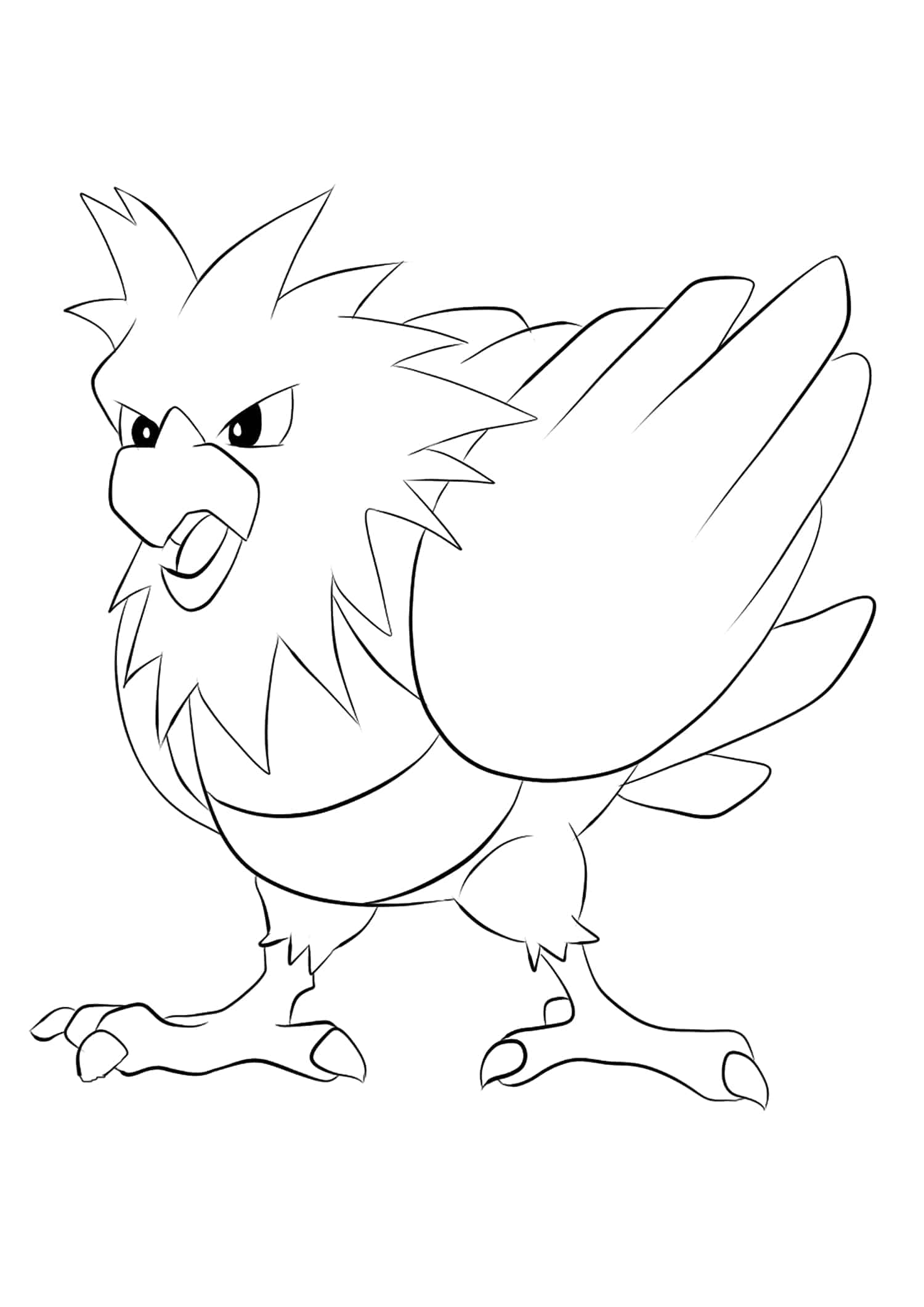寶可夢 Spearow 黑白粉絲藝術 壁紙 — 一隻兇猛的卡通鳥，有尖刺羽毛和鋒利爪子，以粗黑輪廓站在純白背景上。