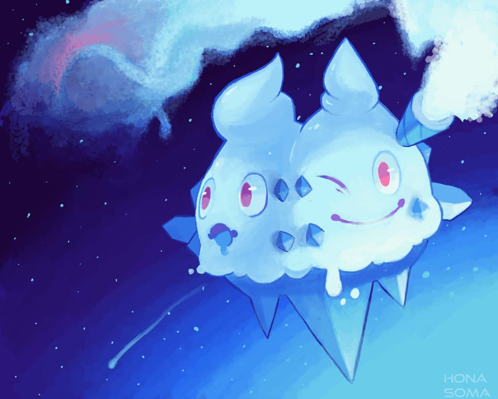 寶可夢 Vanilluxe 的太空主題插畫 壁紙 — 兩隻可愛的藍色冰屬性寶可夢在星光燦爛的夜空中，伴隨著柔和發光的雲朵，快樂地漂浮著。