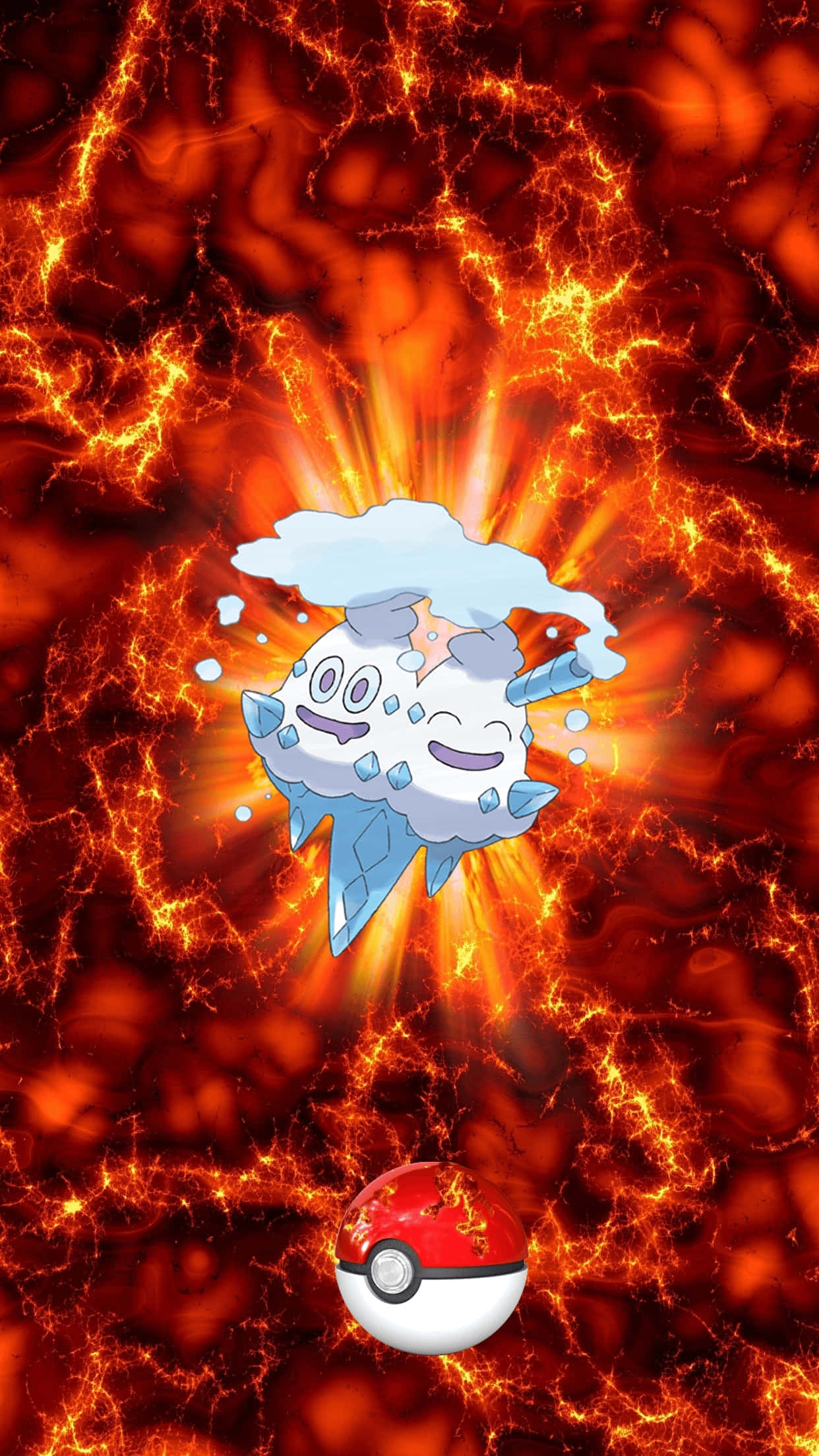 寶可夢 Vanilluxe 的熔岩風格背景 壁紙 — 一隻開朗的冰屬性寶可夢漂浮在熾熱的熔岩裂縫中，下方有一個精靈球。