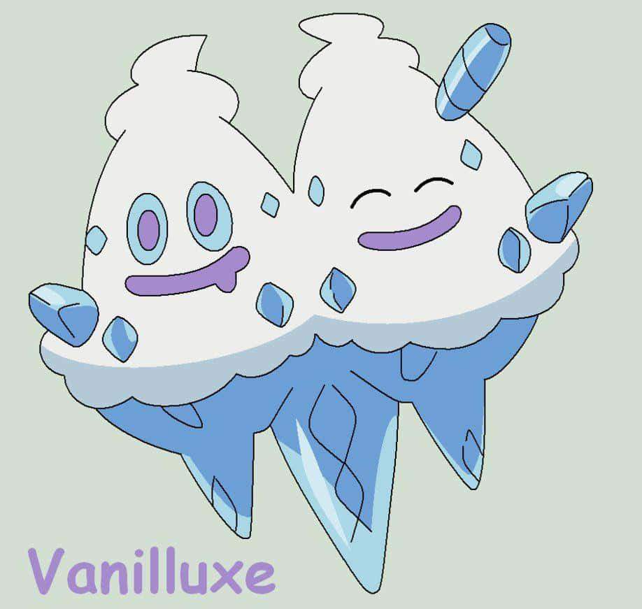 寶可夢 Vanilluxe 的米白色背景藝術 壁紙 — 兩隻快樂的冰淇淋甜筒寶可夢，帶有藍色水晶裝飾和微笑的臉，在淺綠色背景上擁抱。