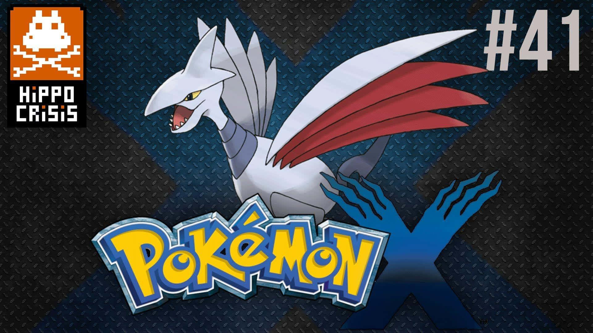 一隻張開嘴巴和翅膀的白紅龍寶可夢，在深色紋理背景上，帶有 Pokémon X 標誌和數字 41。