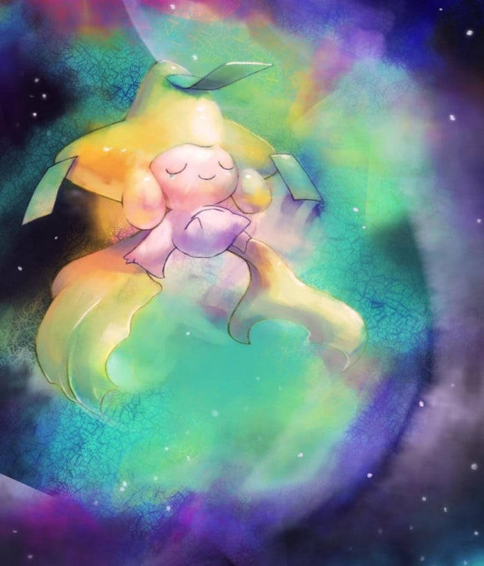 一隻可愛的睡著的寶可夢漂浮在色彩繽紛的星空星雲中。