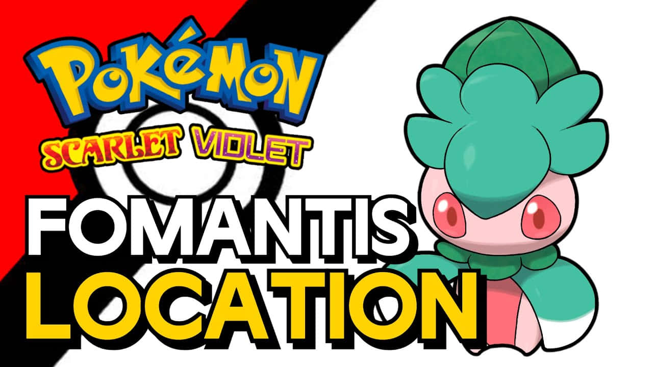 寶可夢 紅色與紫色 Fomantis 與地形海報 壁紙 — 充滿活力的 Pokémon Scarlet Violet 宣傳圖， featuring 角色 Fomantis，粗體文字，紅黑白背景。