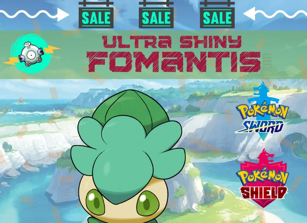 寶可夢 超級閃亮 Fomantis 壁紙 — 一幅充滿活力的動漫風格廣告，以超閃亮的偽螳草為主角，背景是海岸懸崖，並帶有寶可夢 劍／盾標誌。