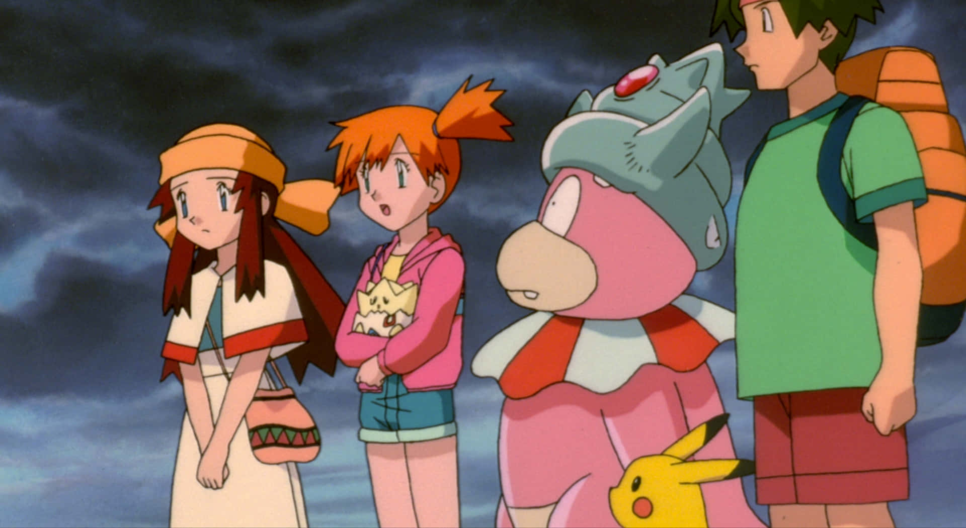 寶可夢2000 色彩繽紛 壁紙 — 四個動漫角色和一隻比卡超在黑暗風暴的天空下站在一起，表情擔憂。