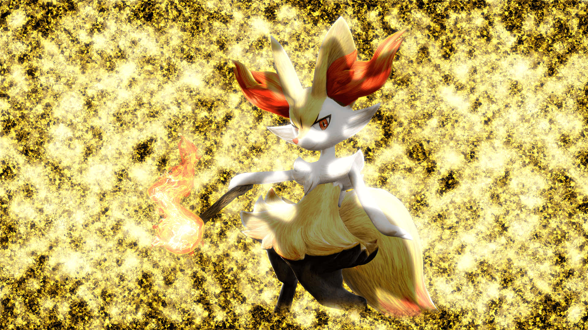 寶可夢Braixen在戰鬥中散發熾熱能量 壁紙 — 一隻火紅的狐狸般寶可夢，白色毛皮和紅橙色鬃毛，在閃爍的金色背景前擺好姿勢。