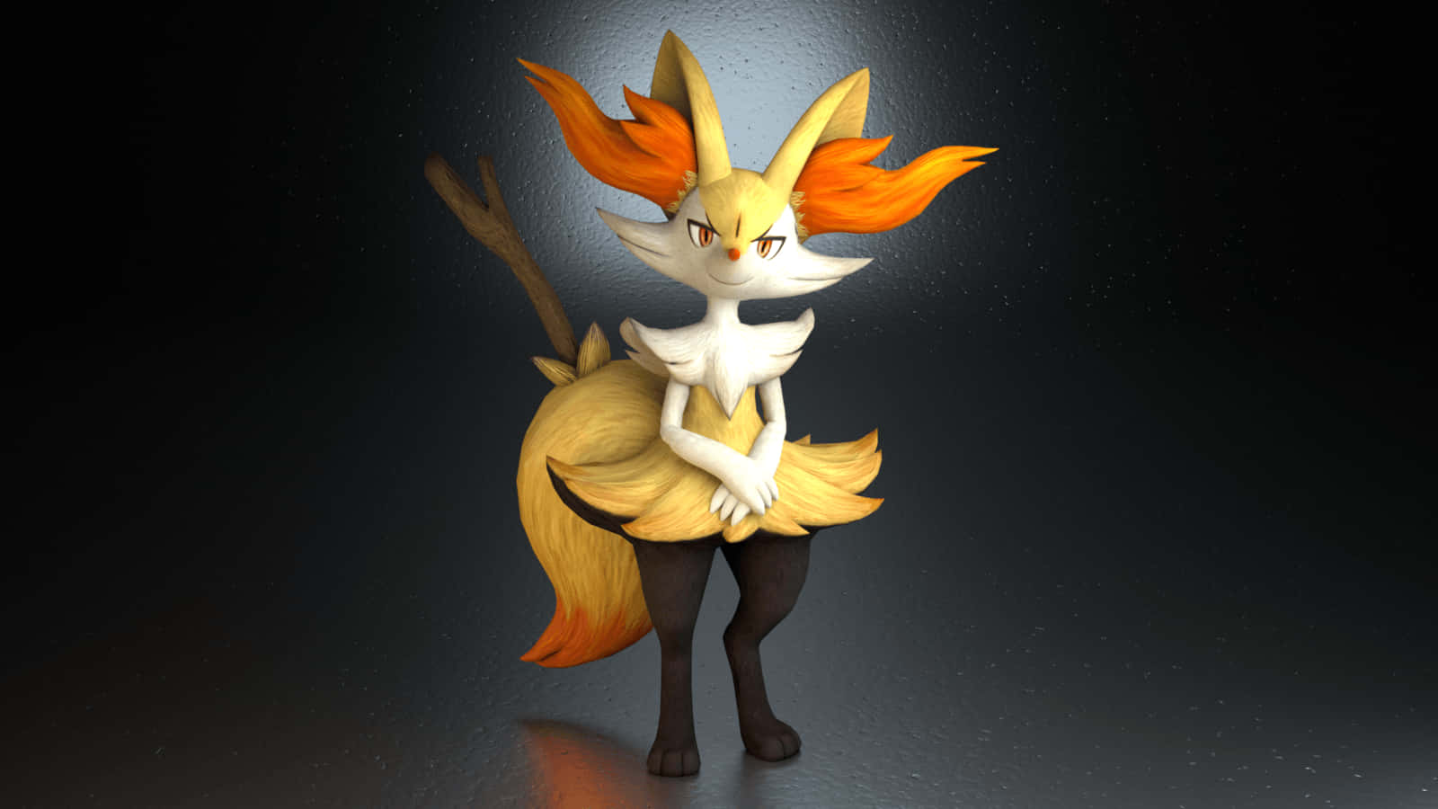 寶可夢Braixen角色渲染圖 壁紙 — 一個風格化的狐狸般生物，有著火橙色的耳朵和尾巴，自信地站在深色紋理背景前。