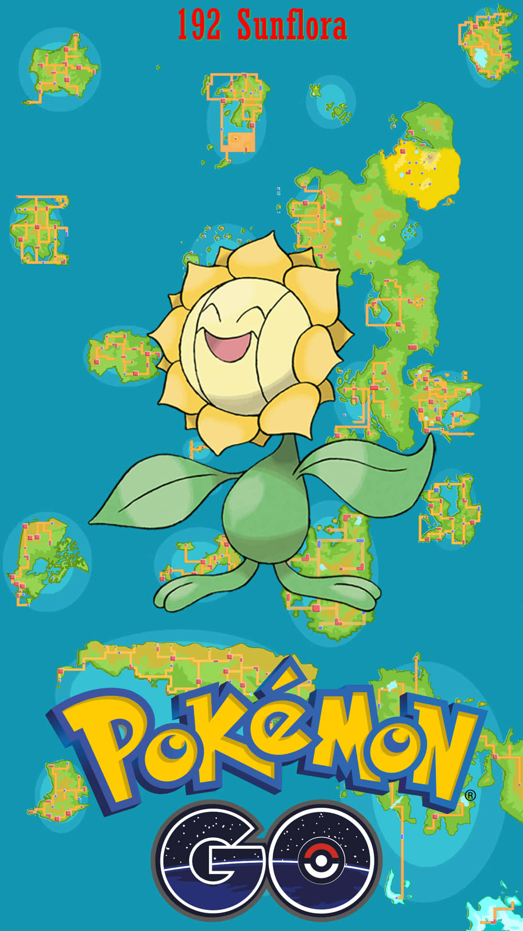 向日花怪寶可夢在藍綠色背景上帶著愉快表情，背景有地圖碎片和 Pokémon GO 品牌標識。