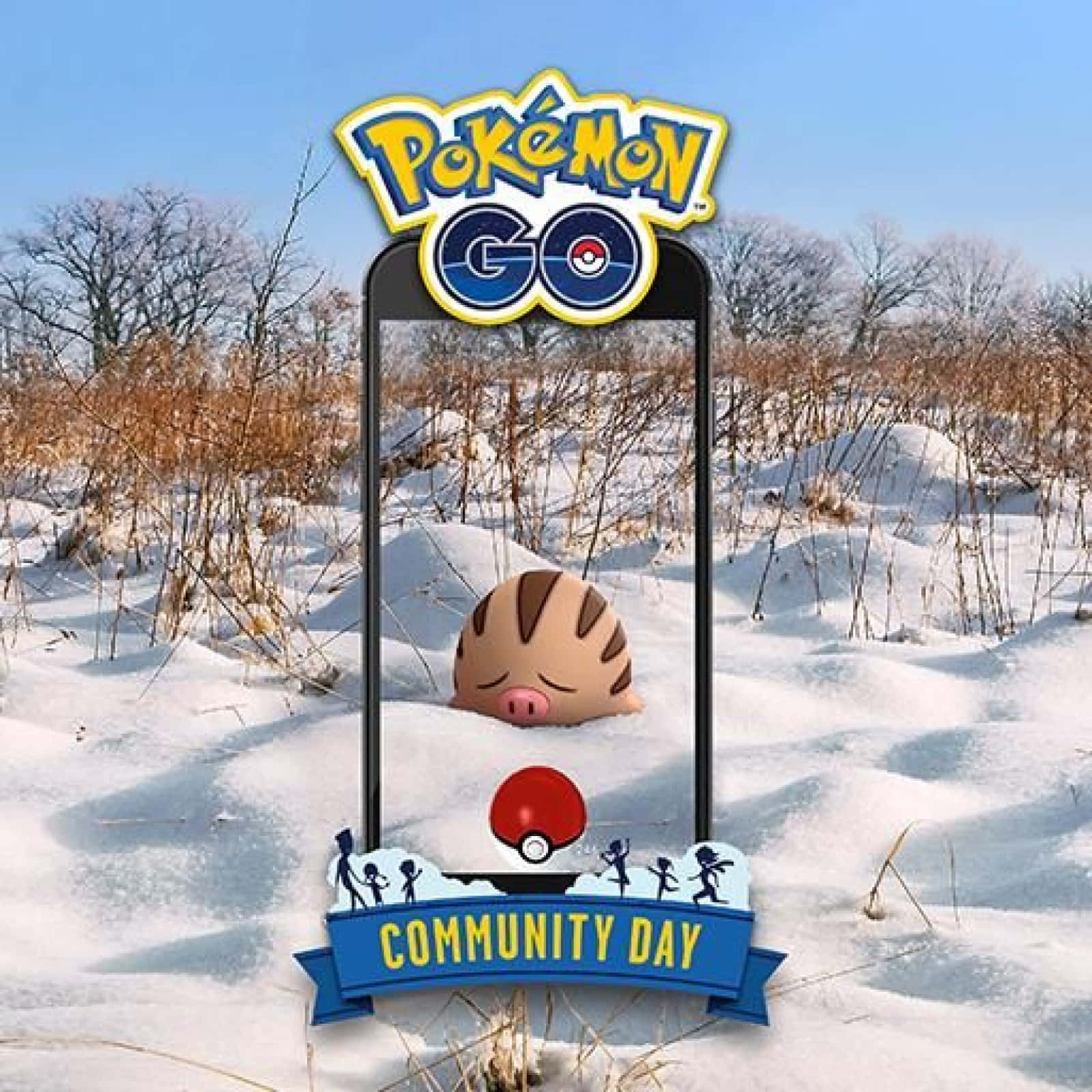 寶可夢GO 斯溫布社群日 壁紙 — 一片雪地，有光禿禿的樹木，一部智能手機顯示一隻像豬的寶可夢從雪中探出頭來，下方有一個精靈球。