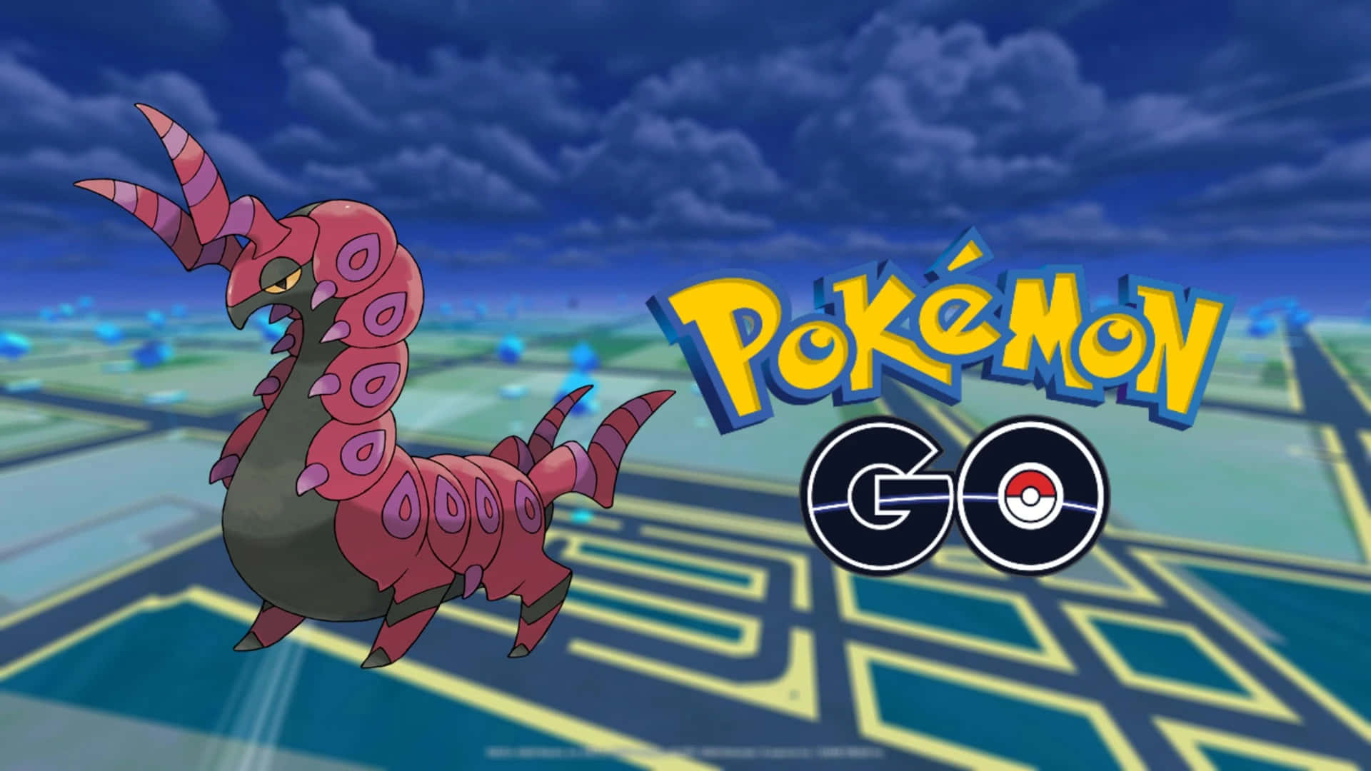 Goomy寶可夢漂浮在發光的地圖上，帶有Pokémon GO標誌。
