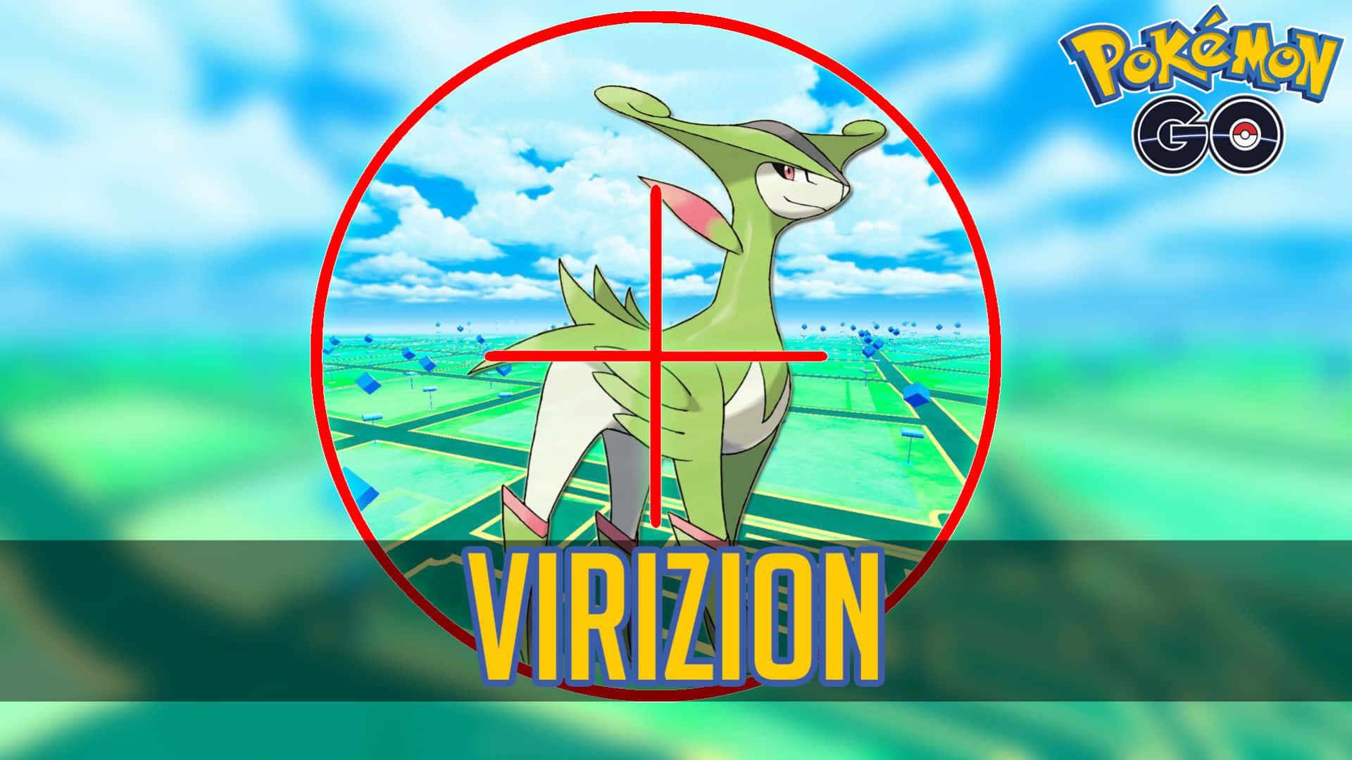 草地上紅色十字準線中的綠色 Virizion 寶可夢。