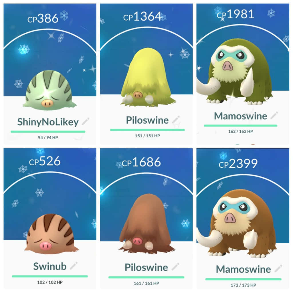 寶可夢GO 閃亮史尼布進化線 壁紙 — 六張 Pokémon 卡牌展示 ShinyNoLikey Piloswine 和 Mamoswine 在雪地冬季場景中，附有 CP 和 HP 數值。