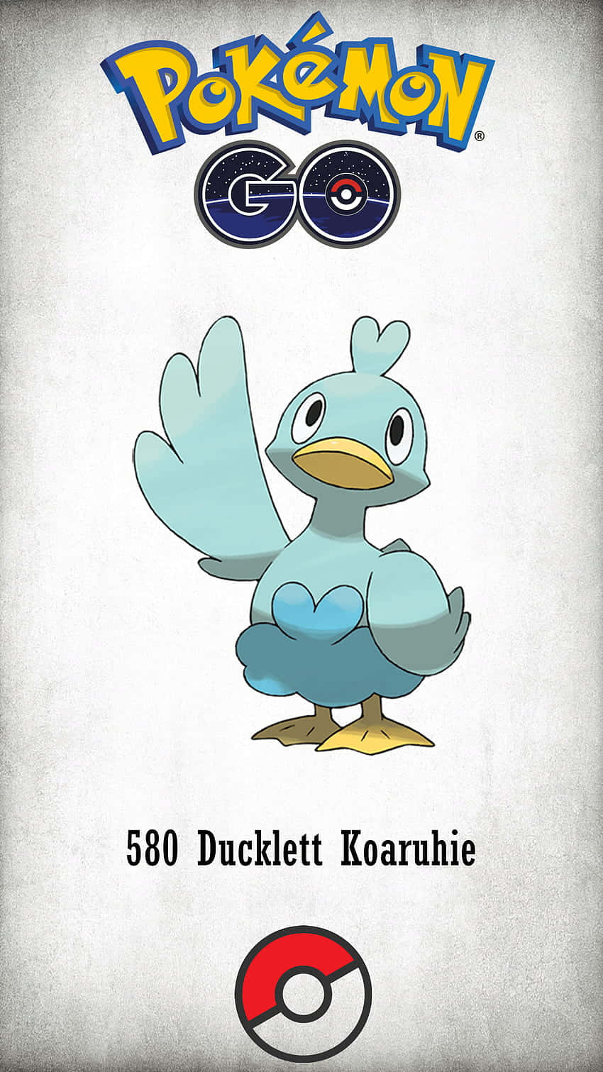 寶可夢GO中的Ducklett角色精彩圖像 壁紙 — 一隻名為 Ducklett 的藍色鴨子狀寶可夢在帶有紋理的灰色背景上愉快地揮手，並帶有 Pokémon GO 品牌標誌。