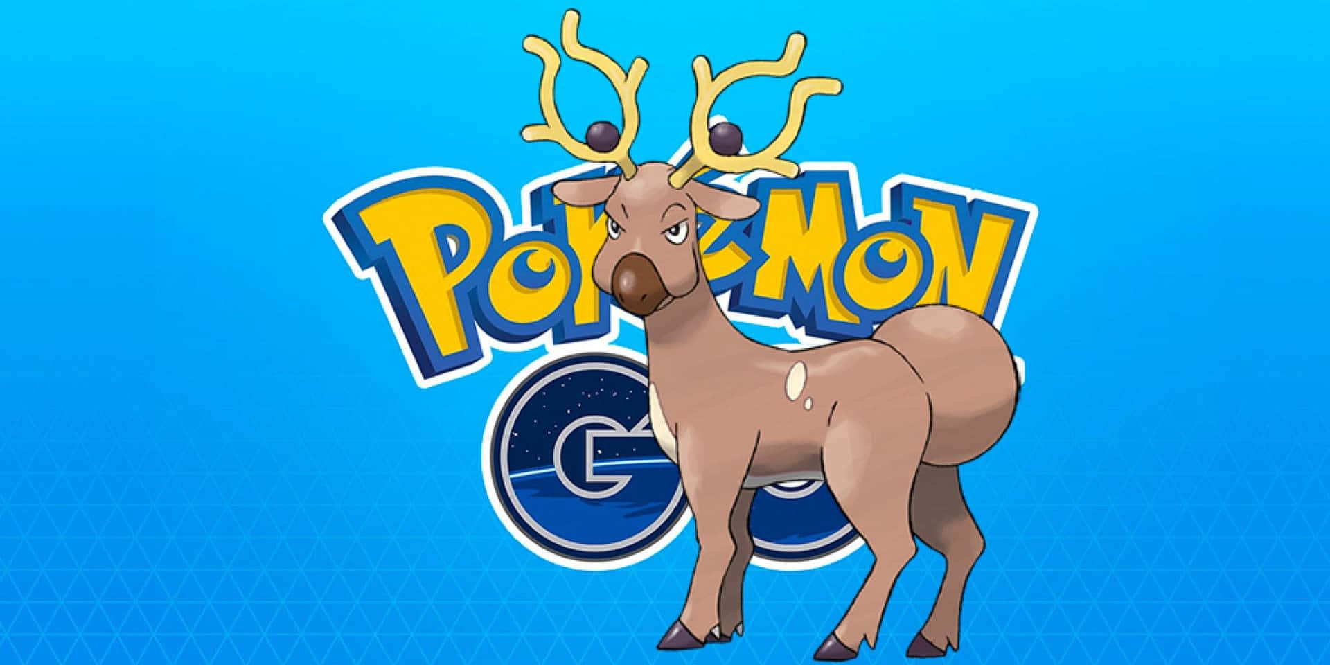 一隻有鹿角的卡通鹿在藍色背景上的Pokemon Go標誌前。