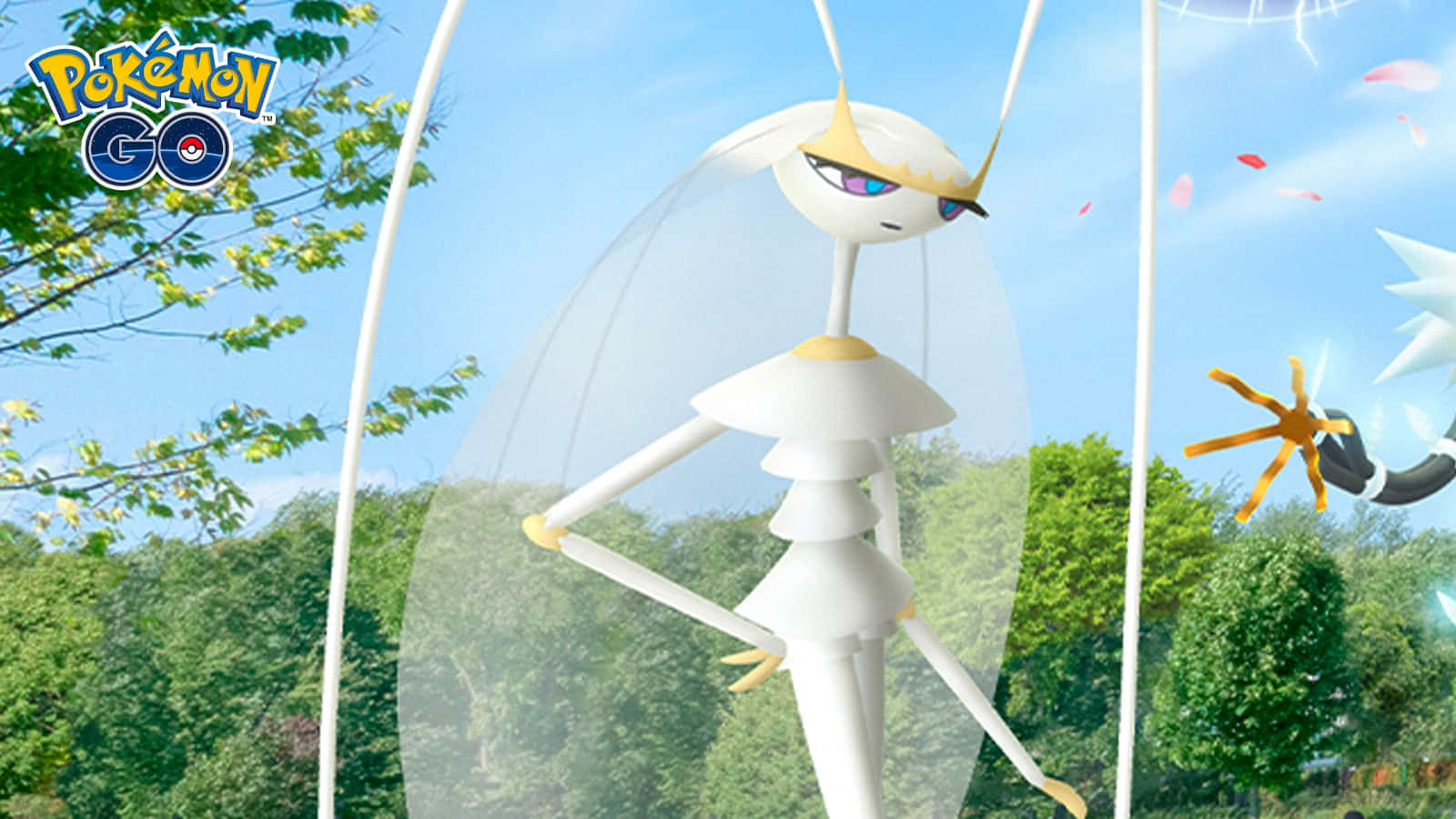寶可夢GO中的費洛羅薩與自然風景 壁紙 — 一隻白色優雅的寶可夢，擁有長長的飄逸頭髮和半透明的翅膀，優雅地站在陽光明媚的公園裡，背景有綠樹和另一隻寶可夢。