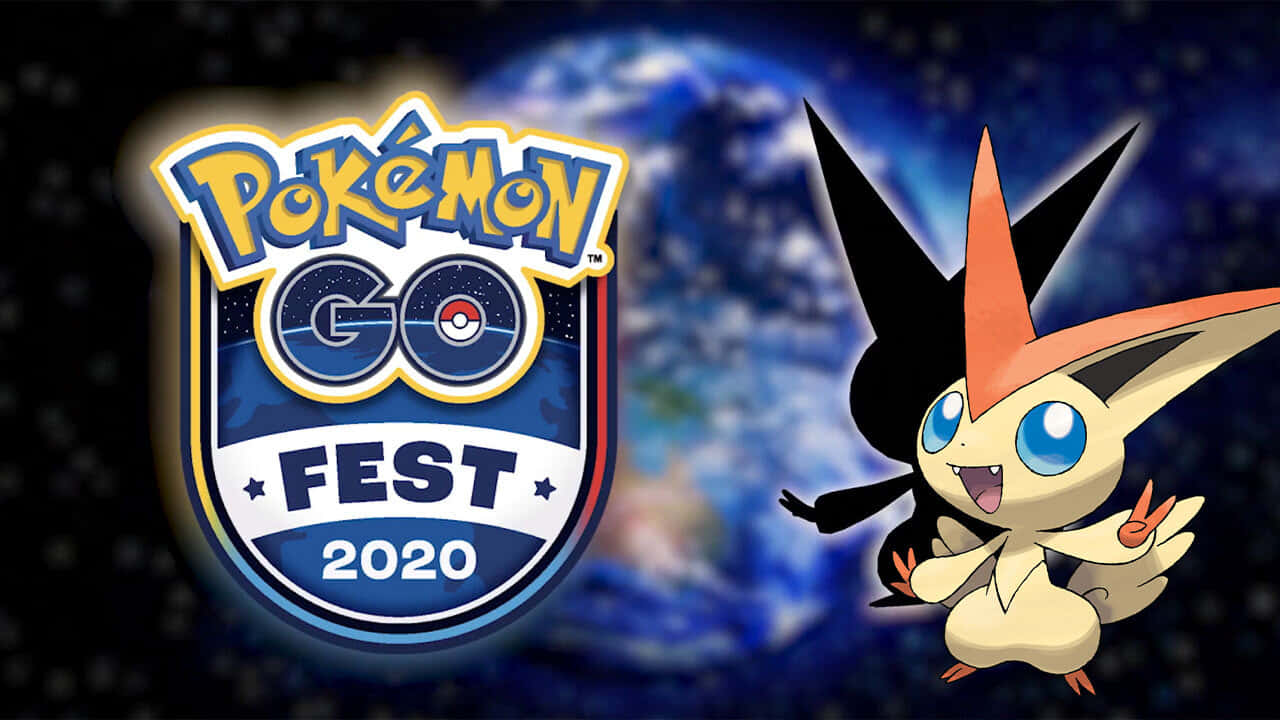 寶可夢GO嘉年華中的維克蒂尼 壁紙 — 一隻開心的月亮伊布站在Pokémon GO Fest 2020標誌旁邊，背景是宇宙和發光的地球。
