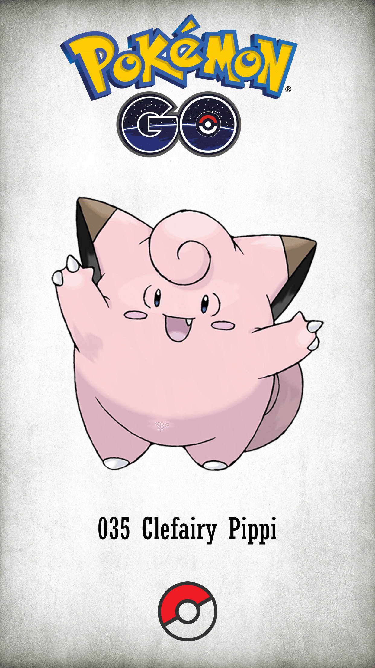 寶可夢Go標誌下的精靈寶可夢克萊菲 壁紙 — 來自 Pokémon GO 的粉紅色皮皮快樂地漂浮在帶有遊戲品牌標誌的紋理灰色背景上。