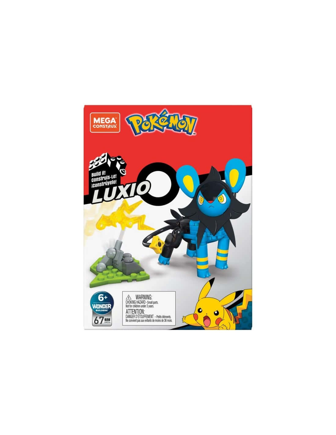 寶可夢Luxio Mega Construx盒面視圖 壁紙 — Mega Construx Pokémon Luxio 積木套裝盒，展示藍黑色電系寶可夢，帶有黃色點綴，角落有比卡超探頭。