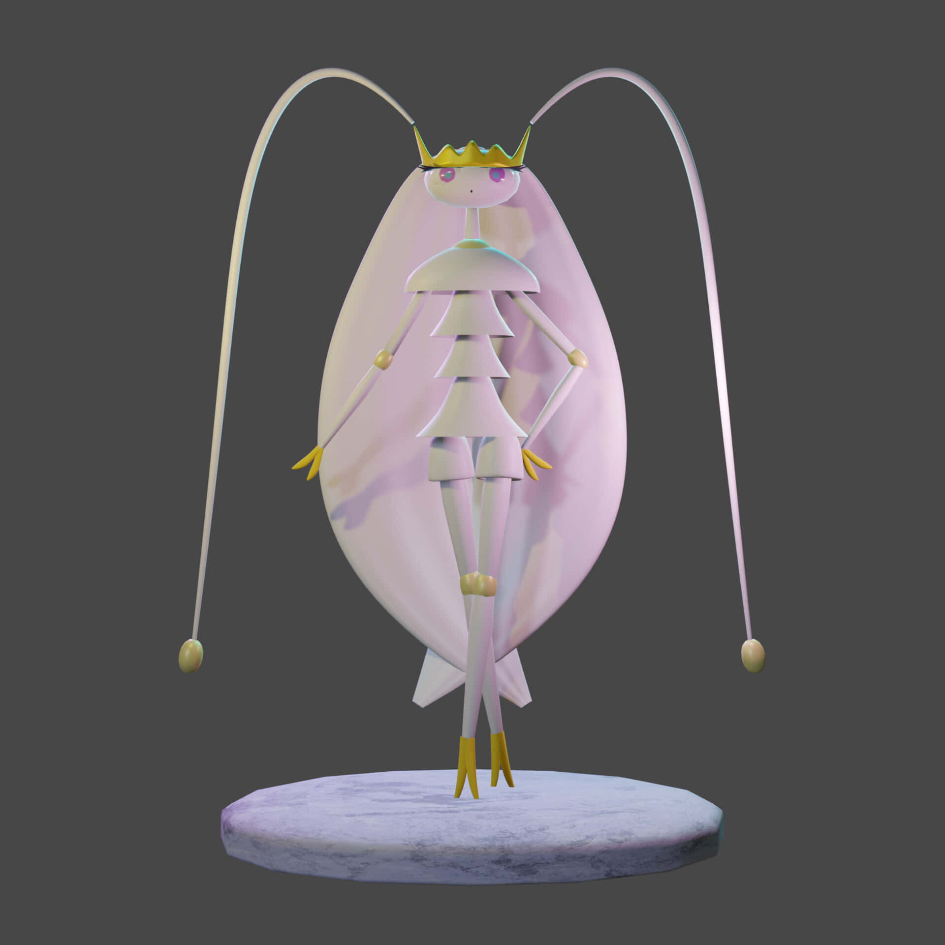 寶可夢Pheromosa 3D模型 壁紙 — 一個風格化的3D渲染昆蟲形人物，戴著皇冠和長觸角，站在深灰色背景的基座上。