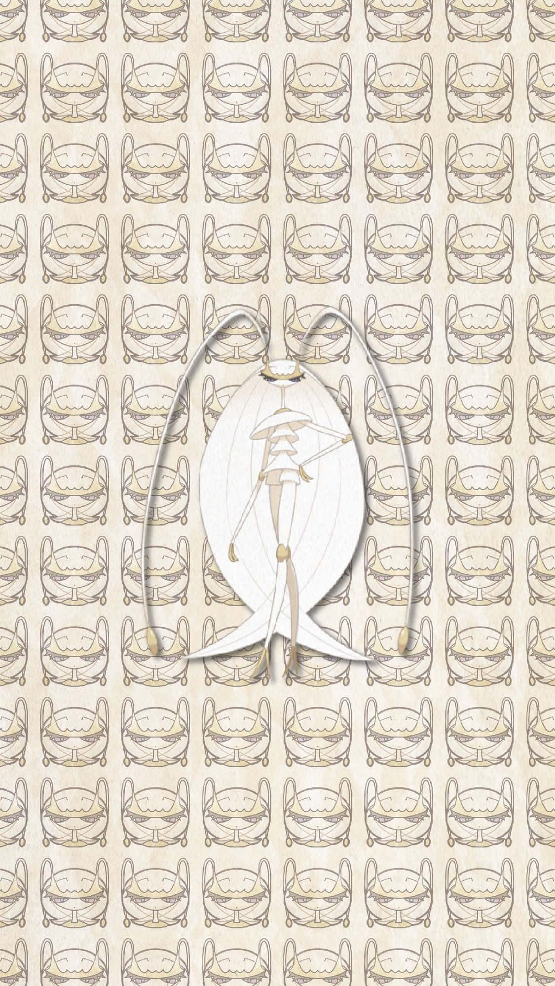 寶可夢pheromosa奶油色圖案背景全身圖 壁紙 — 一隻風格化的白色飛蛾，帶有精緻的翅膀和觸角，漂浮在米色背景上重複的極簡貓臉圖案上方。