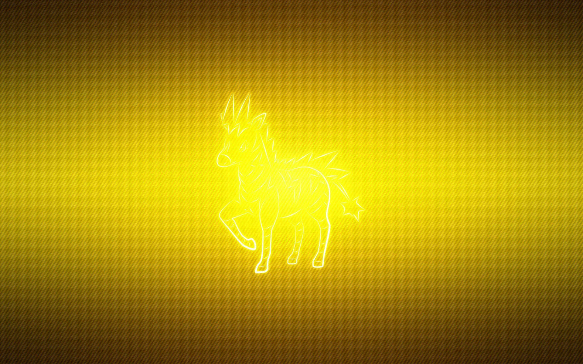 寶可夢Ponyta剪影 壁紙 — 一個發光的霓虹輪廓，呈現出風格化的馬匹剪影，矗立在帶有對角線條紋的耀眼黃色漸變背景上。