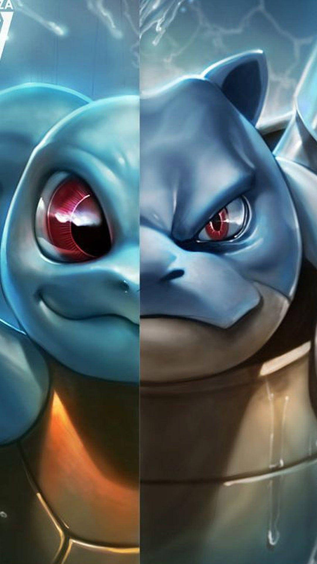 寶可夢Squirtle進化iPhone壁紙 壁紙 — 分屏數碼藝術，展示一隻藍色紅色眼睛的寶可夢，呈現對比的快樂和憤怒表情。