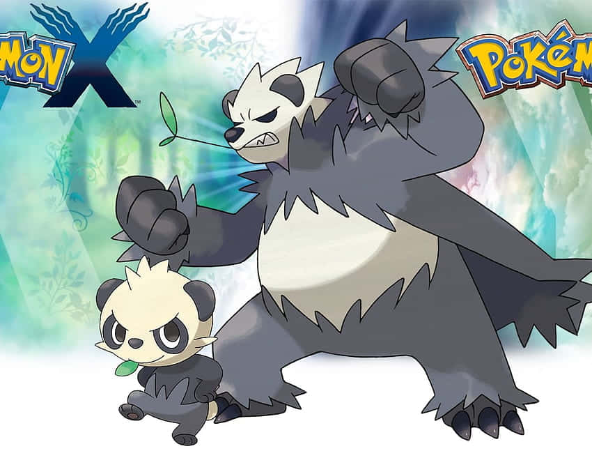 來自 Pokémon X 的兩隻熊貓寶可夢角色，一隻成年和一隻寶寶，帶有綠色葉子。