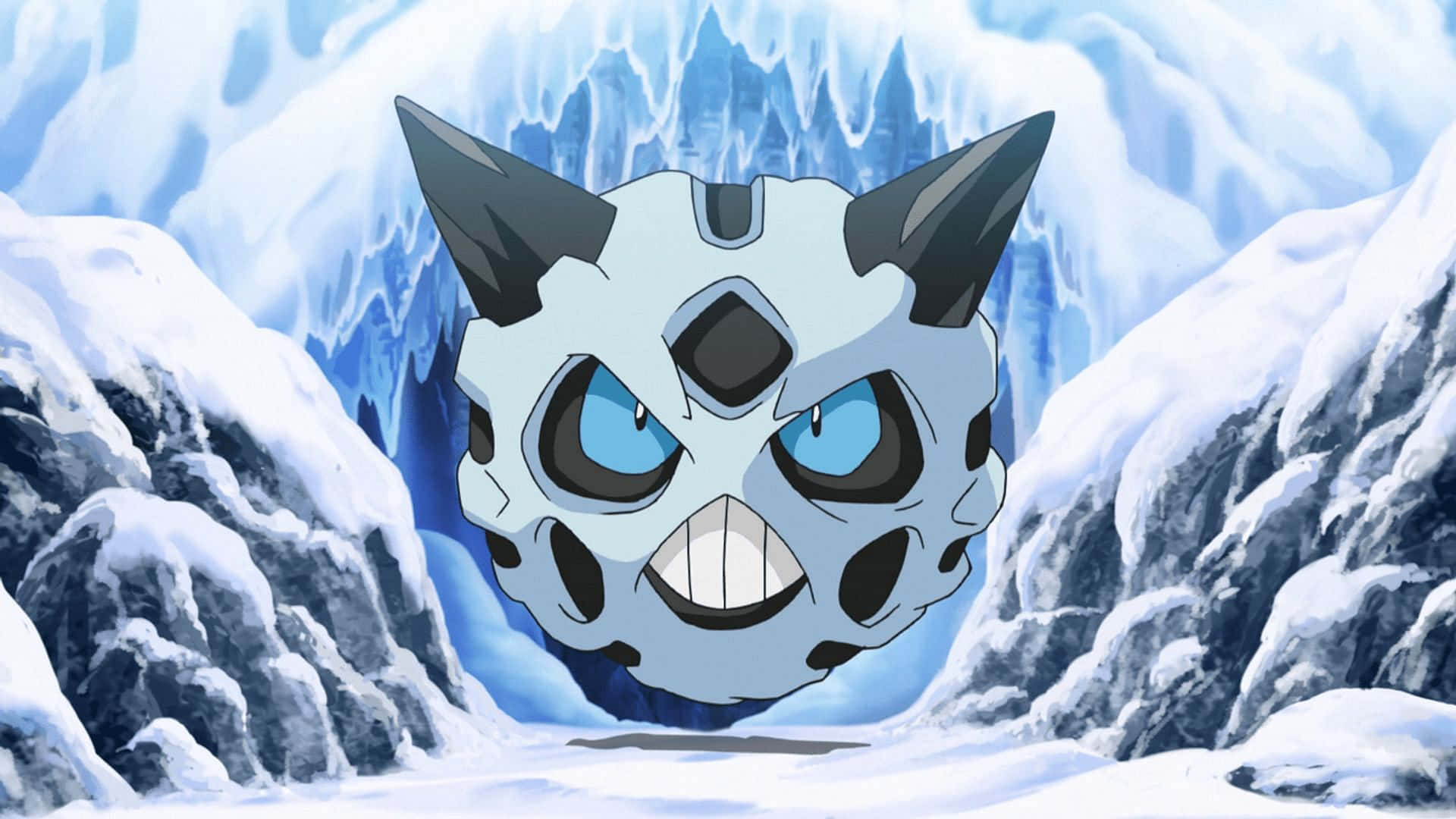 寶可夢世界中的冰之化身 Glalie 壁紙 — 一隻兇猛的冰屬性寶可夢，擁有發光的藍色眼睛，從雪山的裂縫中出現。
