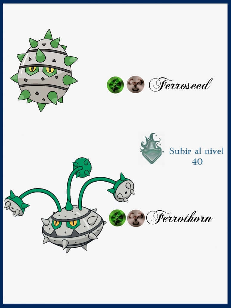 寶可夢世界中的鐵種籽進化為鐵刺龜 壁紙 — 兩隻插圖中的寶可夢 Ferroseed 和 Ferrothorn，背景簡單，帶有西班牙語的升級文字。