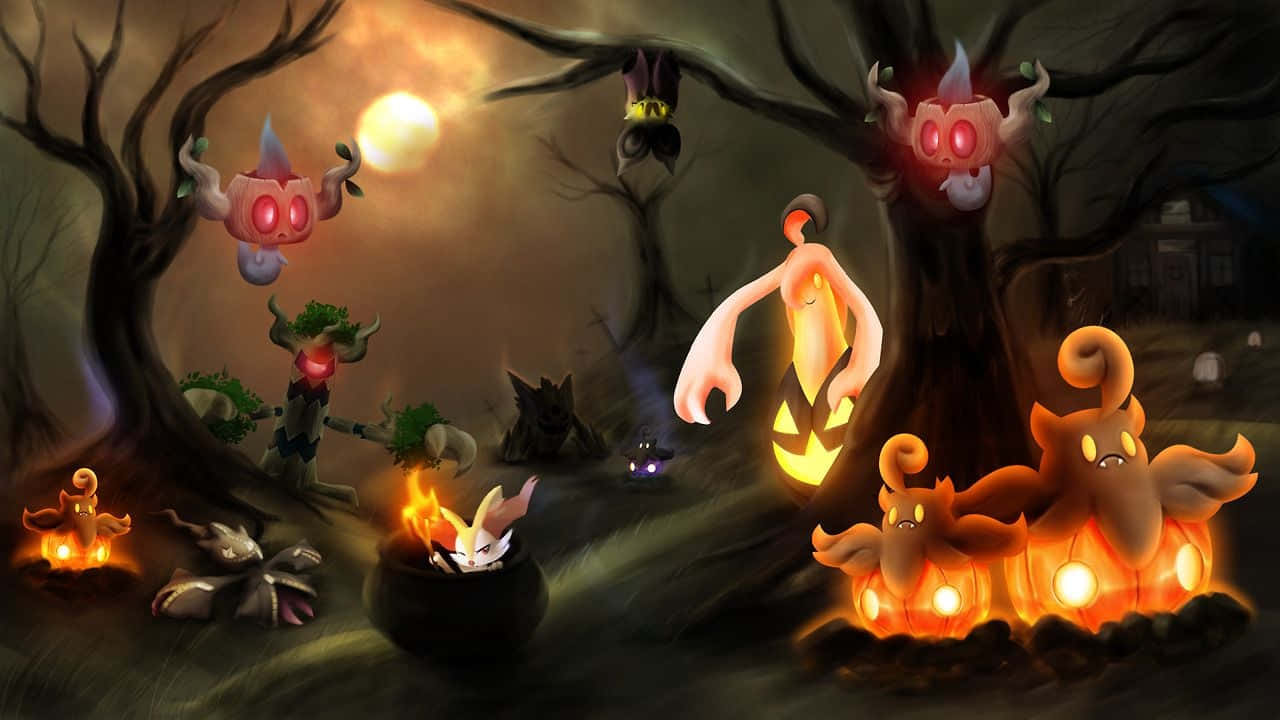 寶可夢世界的詭異邂逅 壁紙 — 發光的南瓜燈生物，紅眼睛，在滿月下的陰森森林中聚集。