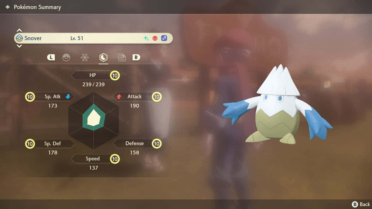 寶可夢中雪霧樹的壯麗冬季戰鬥 壁紙 — 一隻被雪覆蓋嘅Pokémon名叫Snover，企喺遊戲界面嘅詳細狀態畫面旁邊。