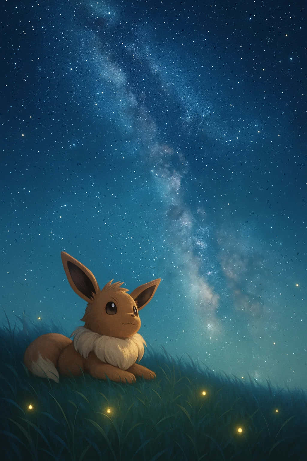 一隻棕色伊貝坐在草地上，在星空下，周圍有螢火蟲發光。