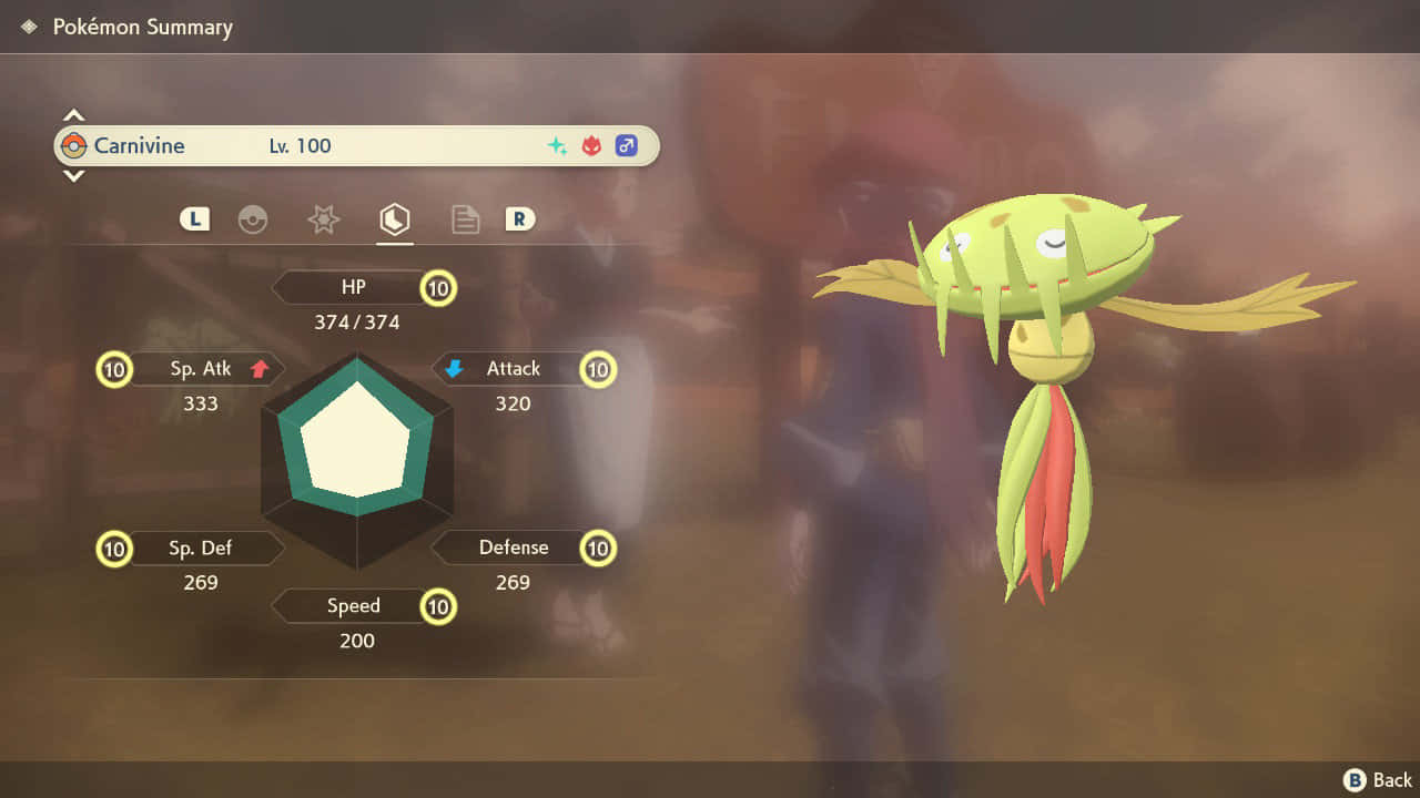 《寶可夢傳說 阿爾宙斯》中的 Carnivine 壁紙 — 一隻發光的綠色Carnivine Pokémon在等級100時，在帶有柔和模糊背景的遊戲介面中顯示完美數值。