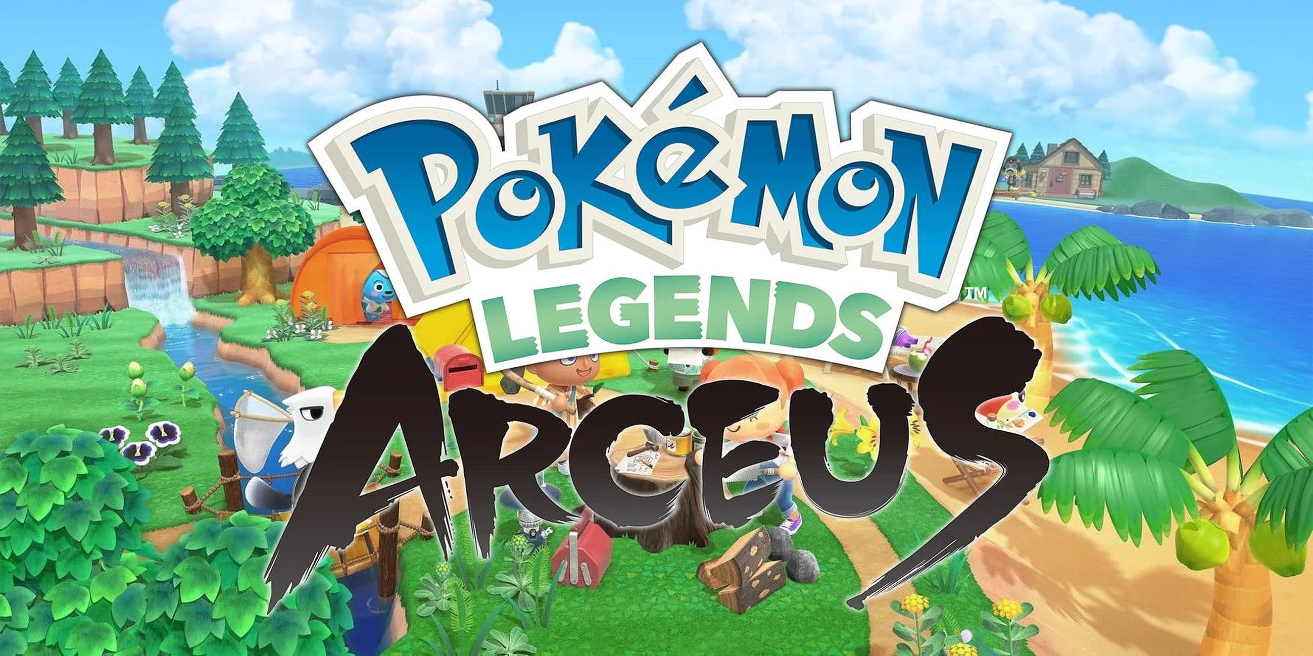 寶可夢傳說 阿爾宙斯 日間海報 壁紙 — 充滿活力的 Pokémon Legends Arceus 標題畫面，展示一個茂密的熱帶島嶼，有棕櫚樹、瀑布和色彩繽紛的遊戲角色。