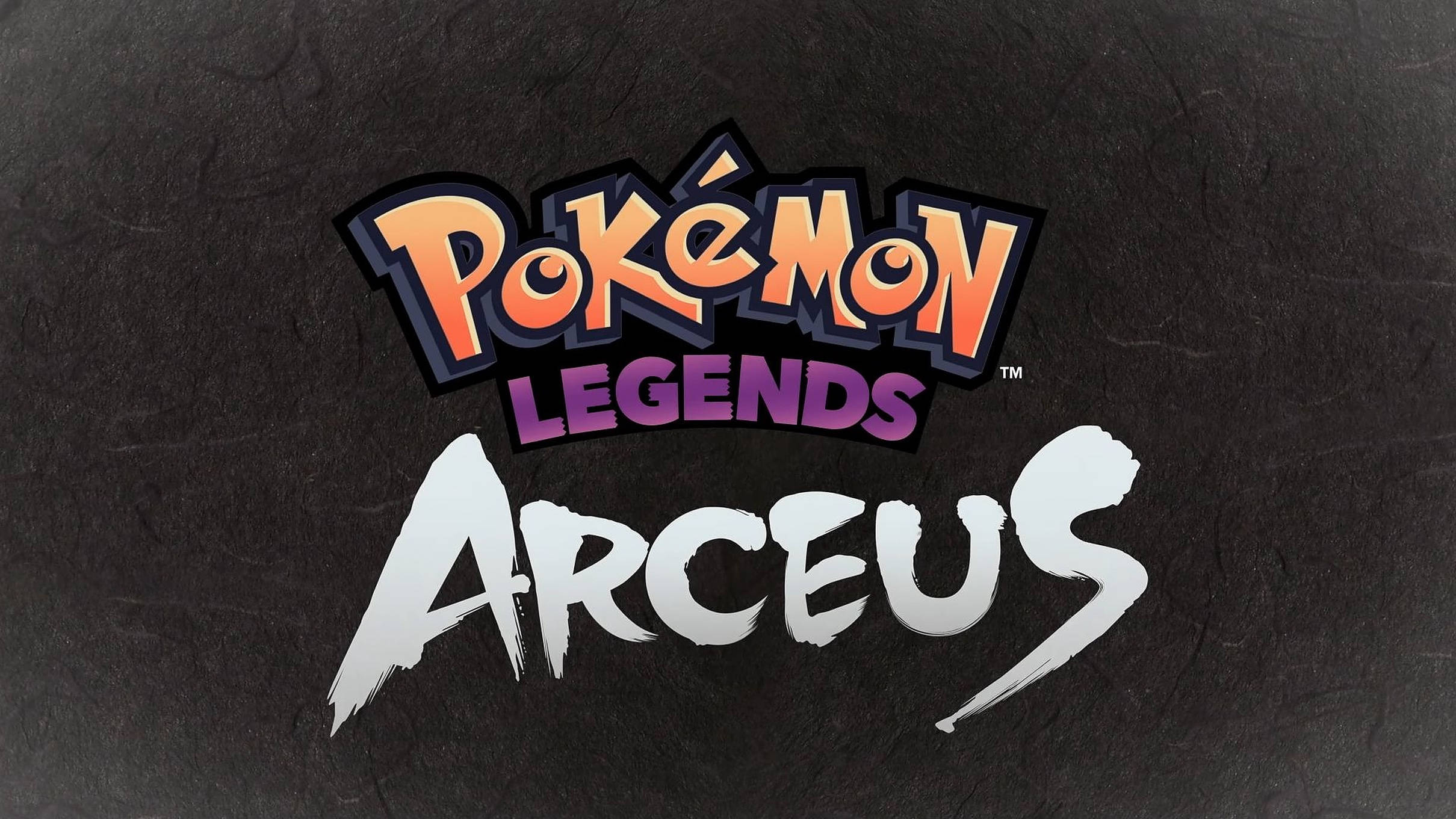寶可夢傳說 阿爾宙斯 標題 壁紙 — Pokémon Legends Arceus 標誌在紋理深灰色背景上以鮮豔的橙色和紫色文字發光。