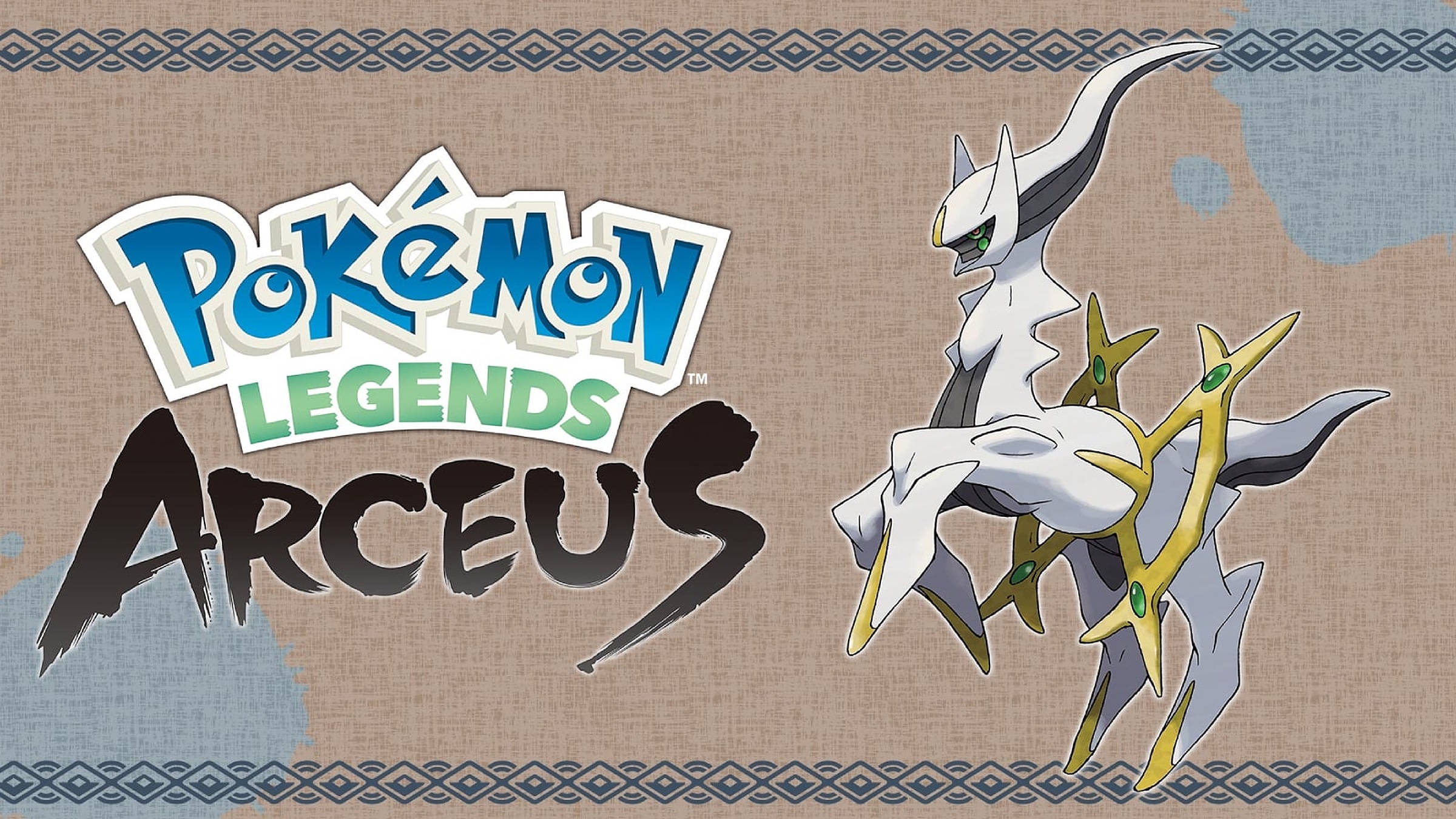 寶可夢傳說 阿爾宙斯 遊戲畫面 壁紙 — Pokémon Legends Arceus 標題標誌，傳說中的寶可夢阿爾宙斯在帶有紋理的米色和藍色圖案背景上擺出姿勢。