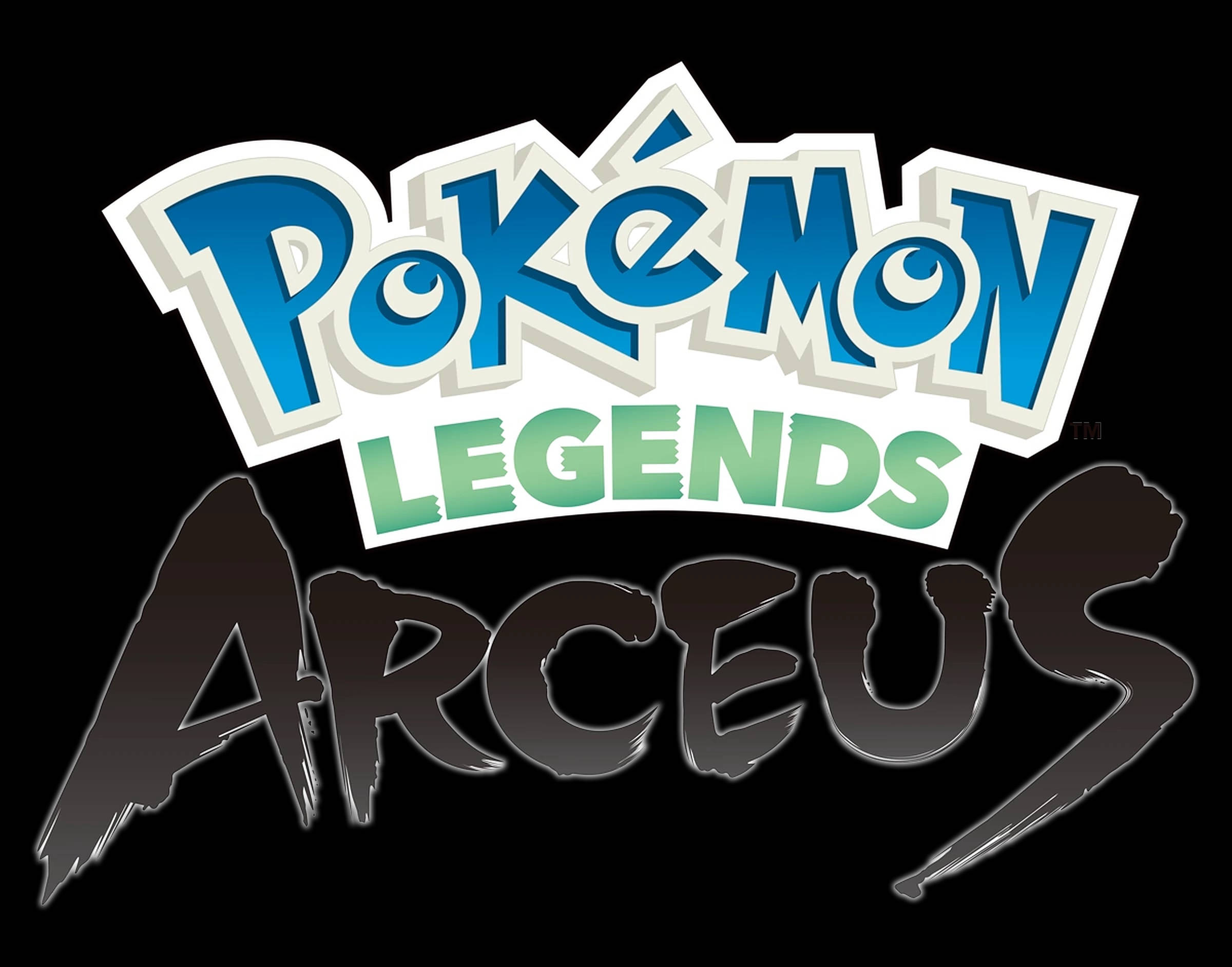寶可夢傳說 阿爾宙斯 黑色海報 壁紙 — 粗體風格化的Pokémon Legends Arceus標誌，帶有藍色、綠色和黑色文字，背景為黑色。