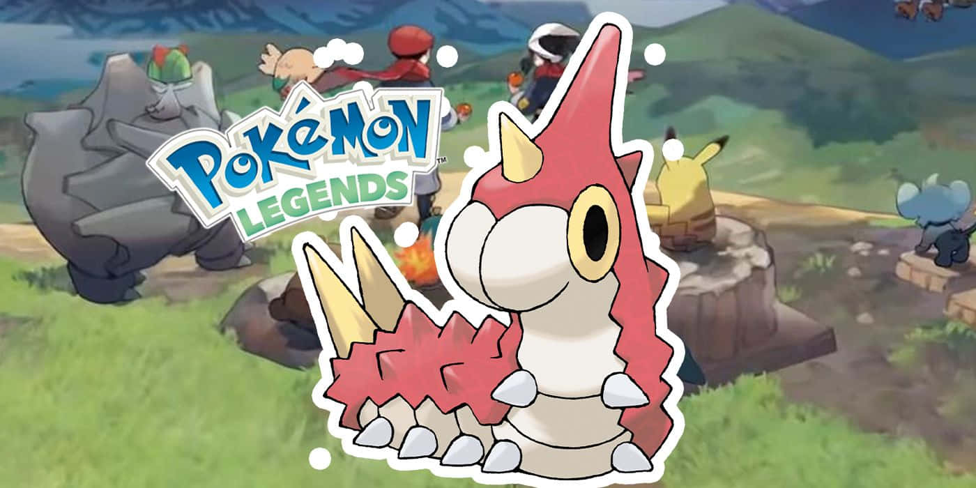 寶可夢傳說中的蟲寶可夢「蟲寶」 壁紙 — 一個充滿活力的 Pokémon Legends 遊戲場景，前景有一隻紅白色的龍系寶可夢，其他寶可夢和訓練家在草地戶外環境中。