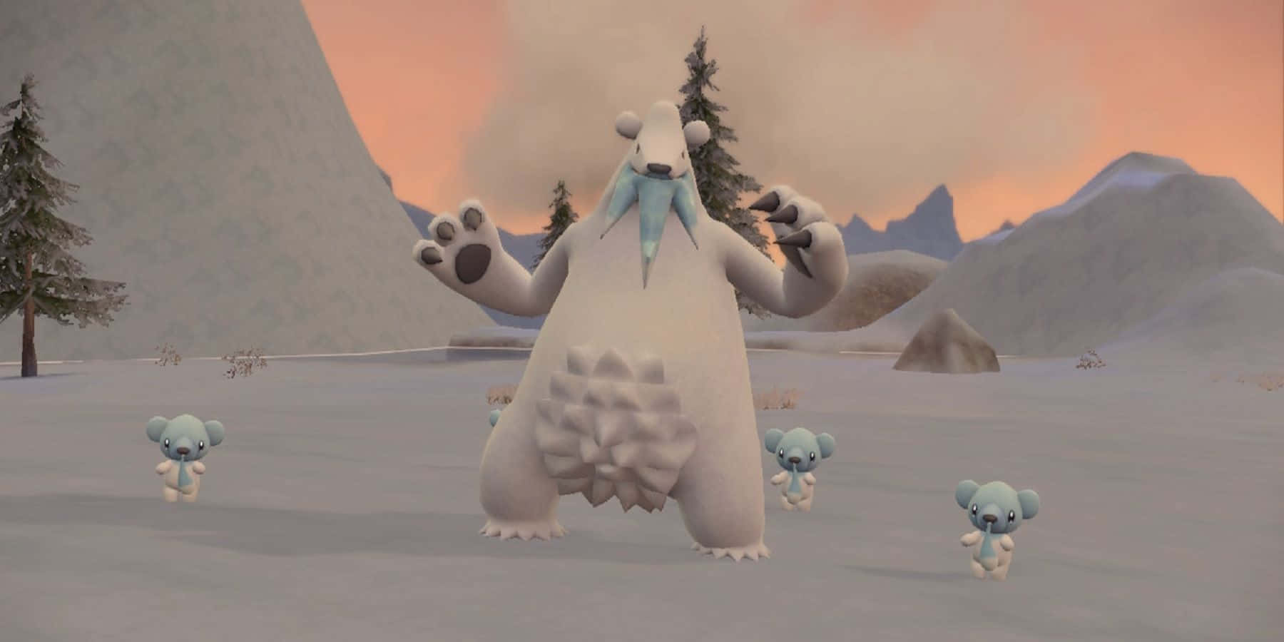 寶可夢冰熊與三隻小雪球 壁紙 — 一隻巨大的白色北極熊自豪地站在雪地上，周圍有四隻藍色小熊，在溫暖的橙色日落天空下。