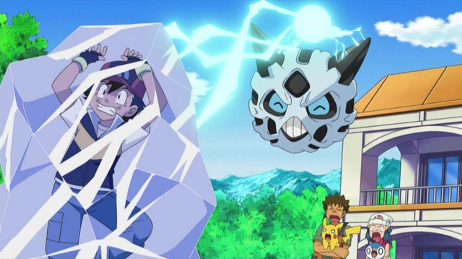 寶可夢動畫中 Glalie 冰凍亞希·凱奇姆 壁紙 — 一位年輕訓練家被漂浮的電系寶可夢冰封，朋友們在明亮的藍天下震驚地看著。