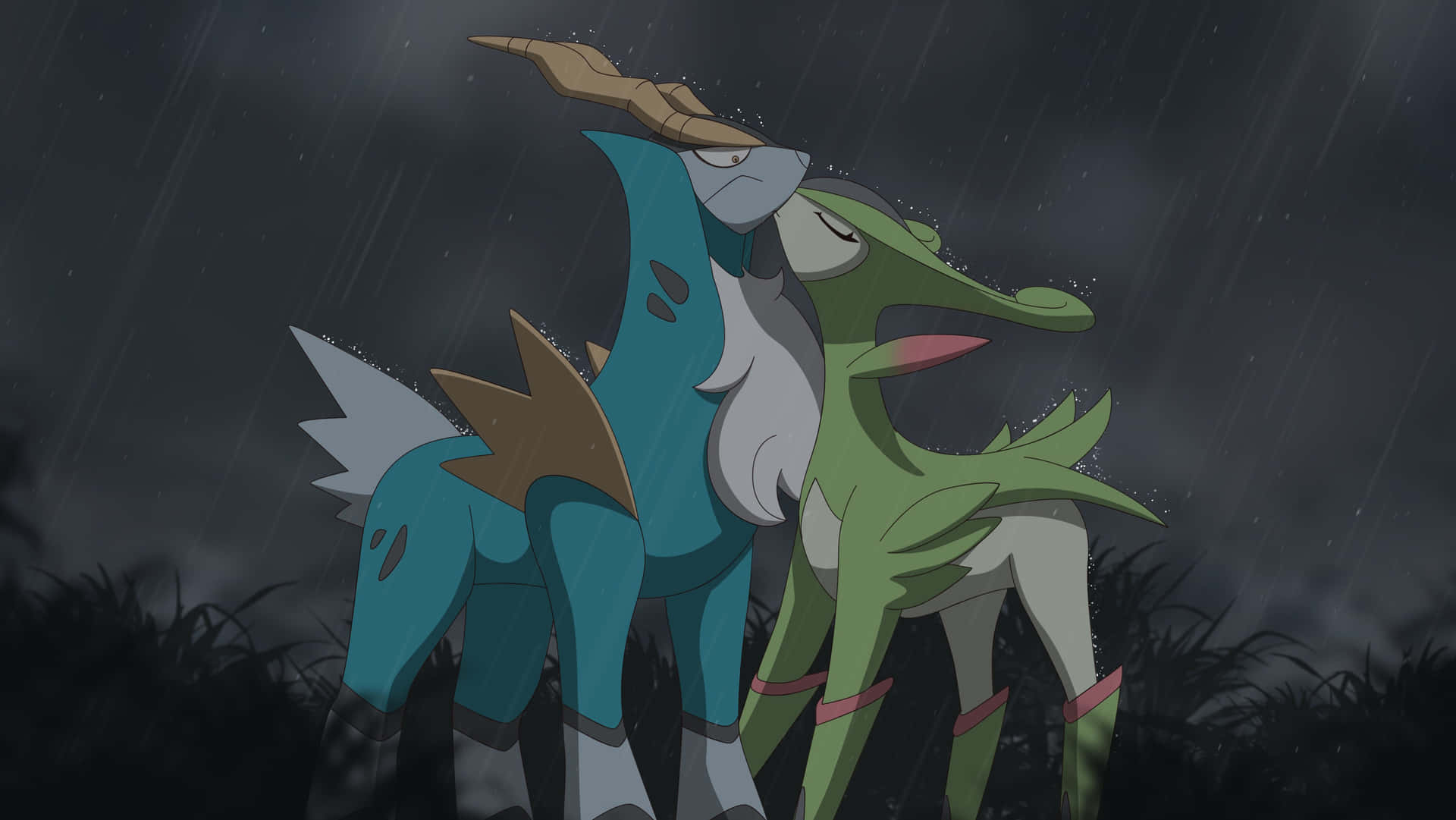 兩隻寶可夢在暴風雨中依偎在一起。
