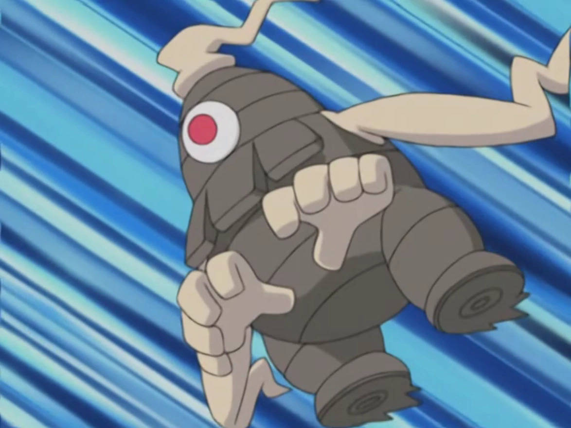 灰色動畫寶可夢，有一隻紅色眼睛，在藍色動感線條前向前出拳。