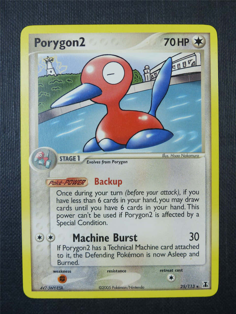 Porygon2 在水中漂浮的寶可夢卡，背景有燈塔和橋樑。