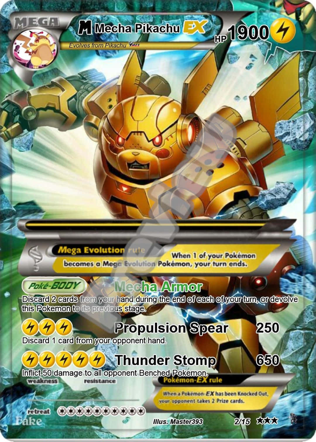 寶可夢卡牌圖片：機械皮卡丘 壁紙 — 一張金色裝甲的Mecha Pikachu EX寶可夢卡牌在破碎的藍綠色背景前爆發能量。
