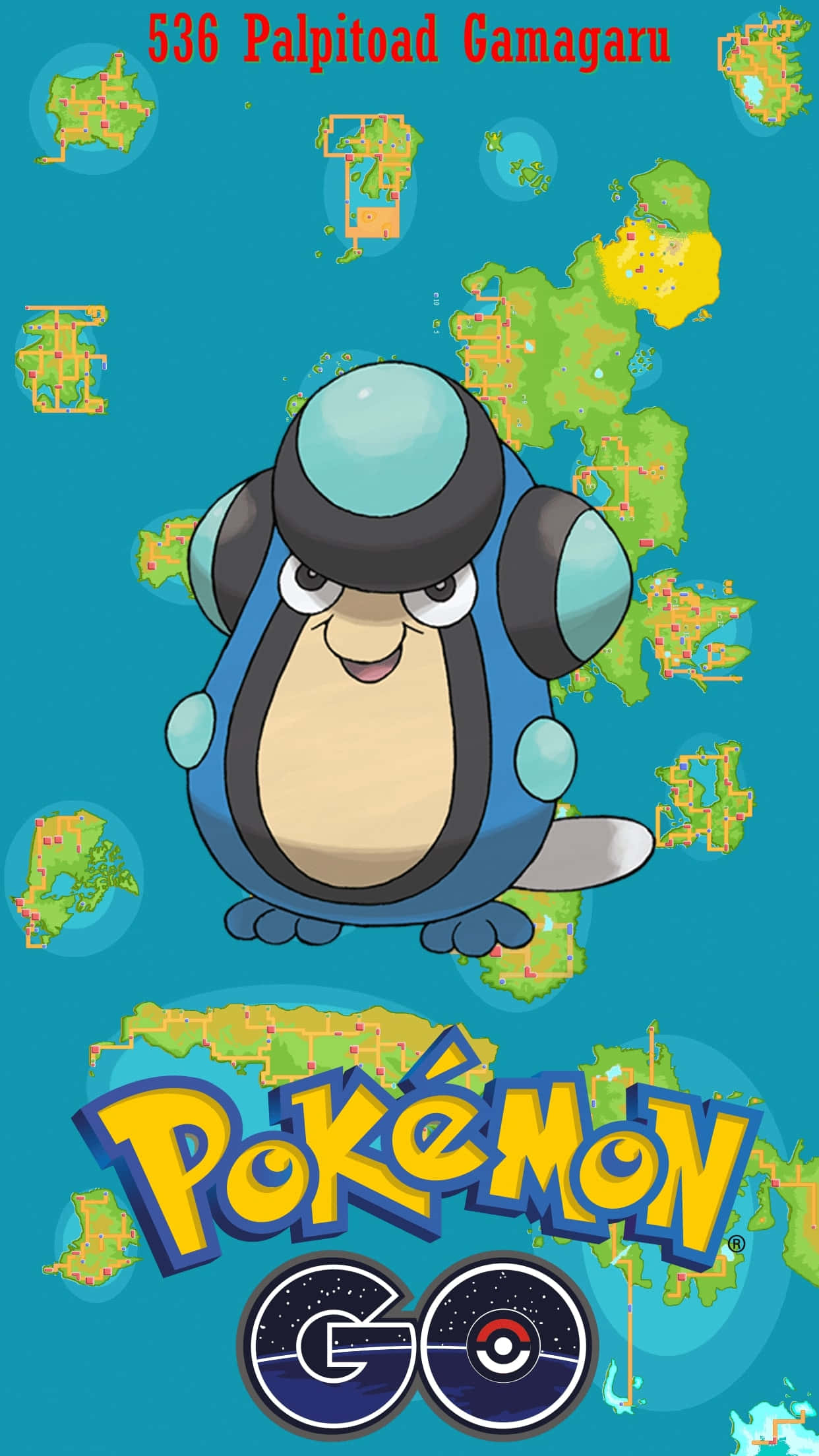 寶可夢地圖與蒲公英 壁紙 — 來自 Pokémon GO 的開心藍蟾蜍漂浮在青綠色背景上，周圍散落著地圖碎片。