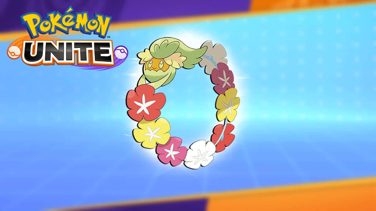 寶可夢大集結發光的香草 壁紙 — 一個充滿活力的 Pokémon Unite 標誌，一隻綠色 Pokémon 從色彩繽紛的花環中探出頭來，背景是明亮的藍色漸變。