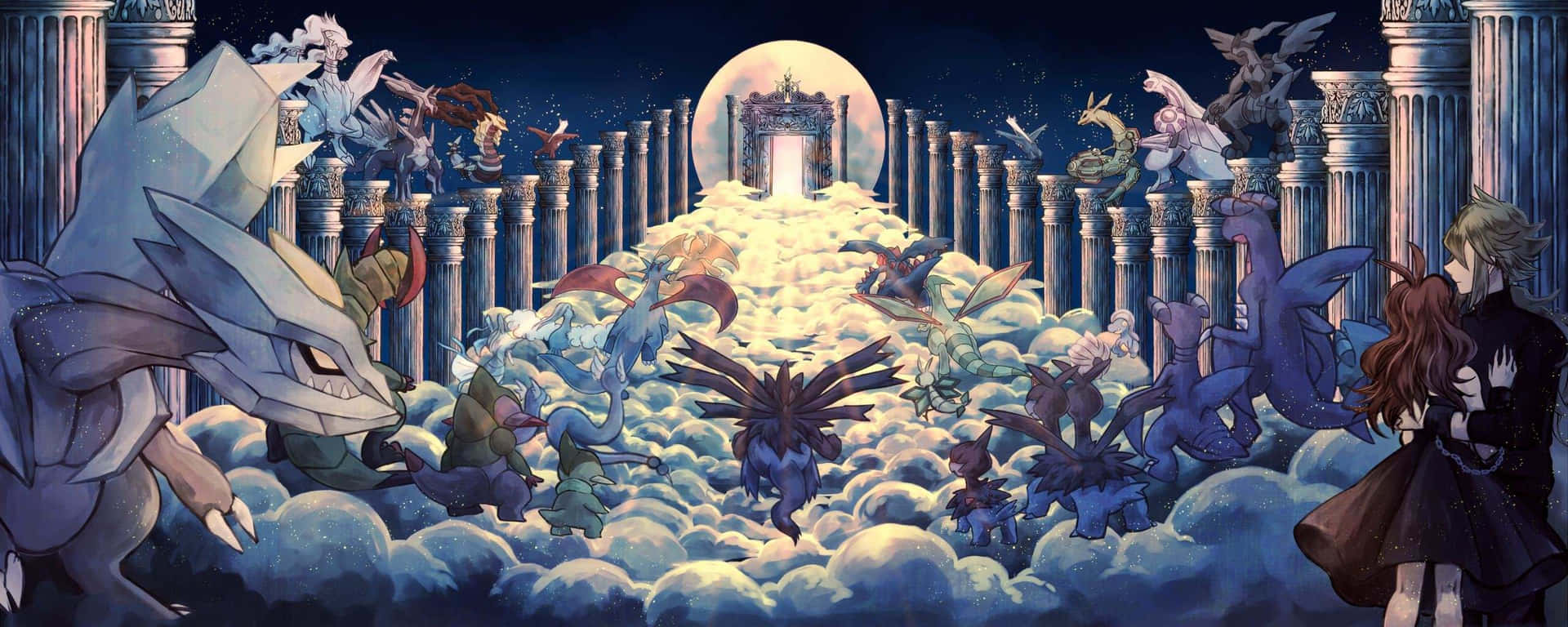 在月光下的天空中，一對情侶在龍和雲的奇幻場景中擁抱。